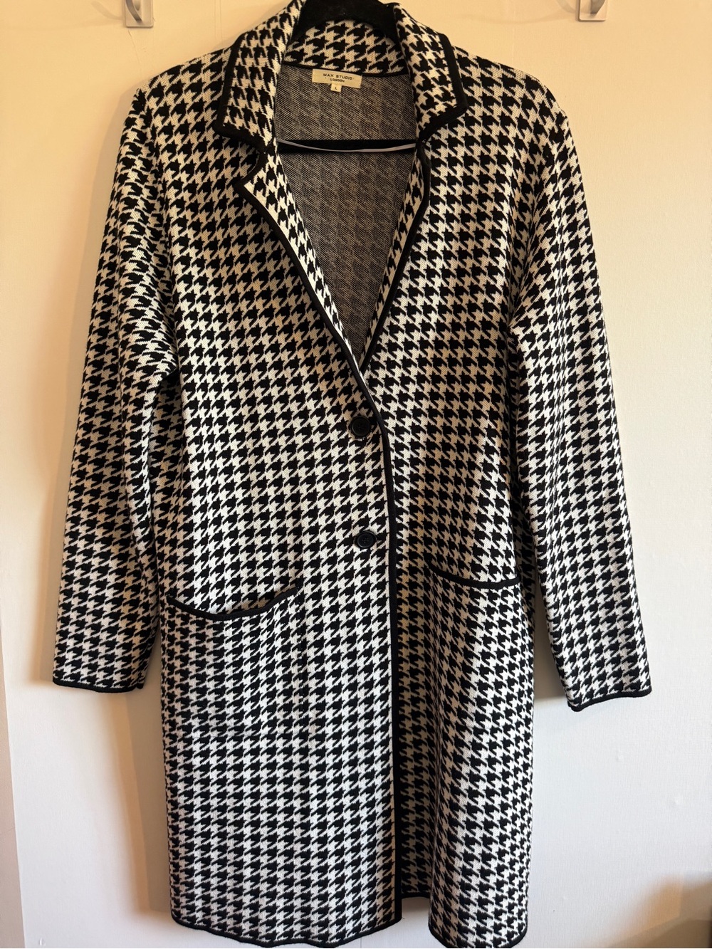 Max Studio London Houndstooth Long Knit Coat Blazer Black White Size L